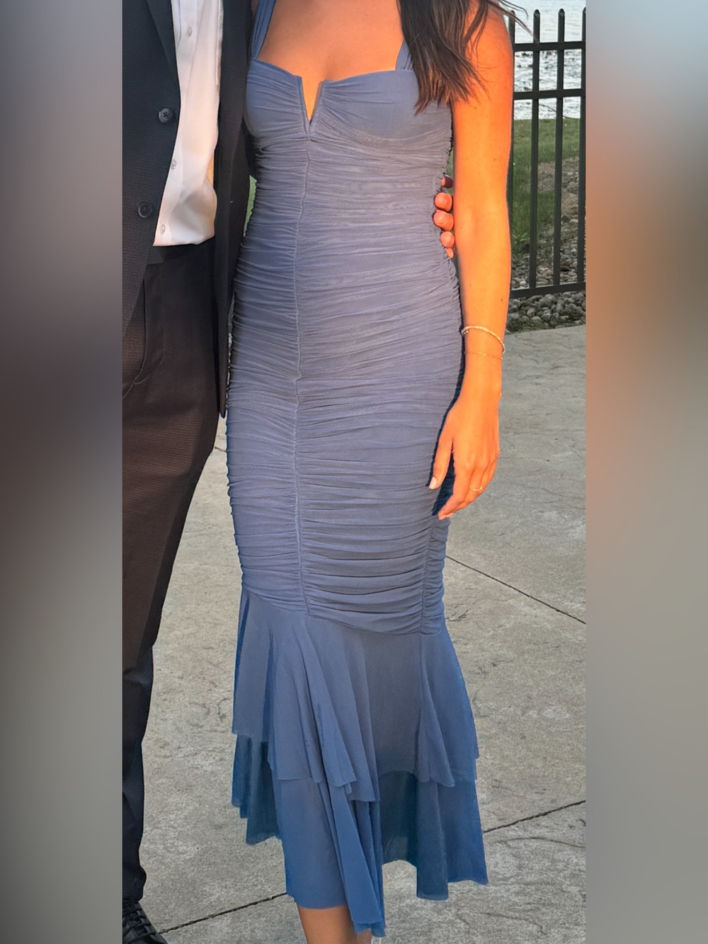Hello Molly size 4 worn once Blue Ruched Bodice Midi Dress with Flounce Hem